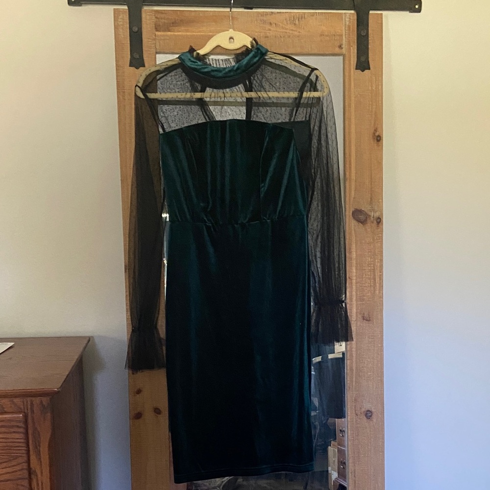 JJs House Dark Green Velvet Dress with Black Sheer Sleeves